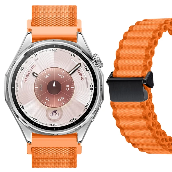 Sneezy Huawei Watch GT6 46mm İle Uyumlu AirFlow Dalgalı Naylon Spor Kordon Metal Tokalı  Turuncu ürün görseli 1
