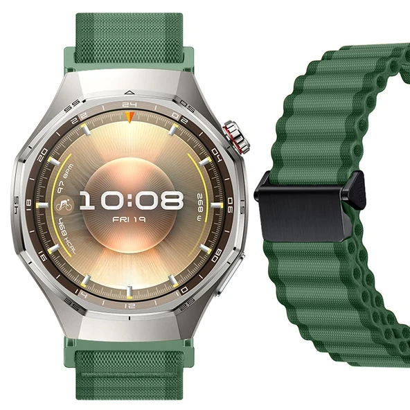 Sneezy Huawei Watch GT6 Pro 46mm İle Uyumlu AirFlow Dalgalı Naylon Spor Kordon Metal Tokalı  Haki ürün görseli 1