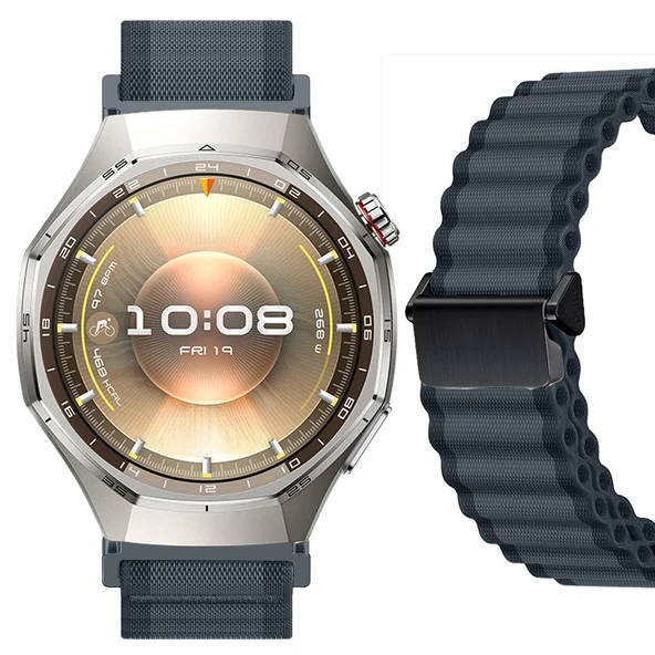 Sneezy Huawei Watch GT6 Pro 46mm İle Uyumlu AirFlow Dalgalı Naylon Spor Kordon Metal Tokalı  Füme ürün görseli 1