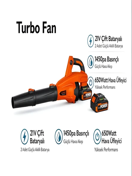 21V Çift Bataryalı Hava Üfleyici 650W Turbo Fan 1450Pa Yaprak Araba Kurulama - 2.6Ah ürün görseli 1