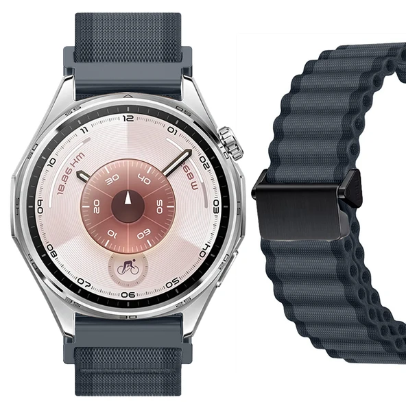 Sneezy Huawei Watch GT6 46mm İle Uyumlu AirFlow Dalgalı Naylon Spor Kordon Metal Tokalı  Füme ürün görseli 1