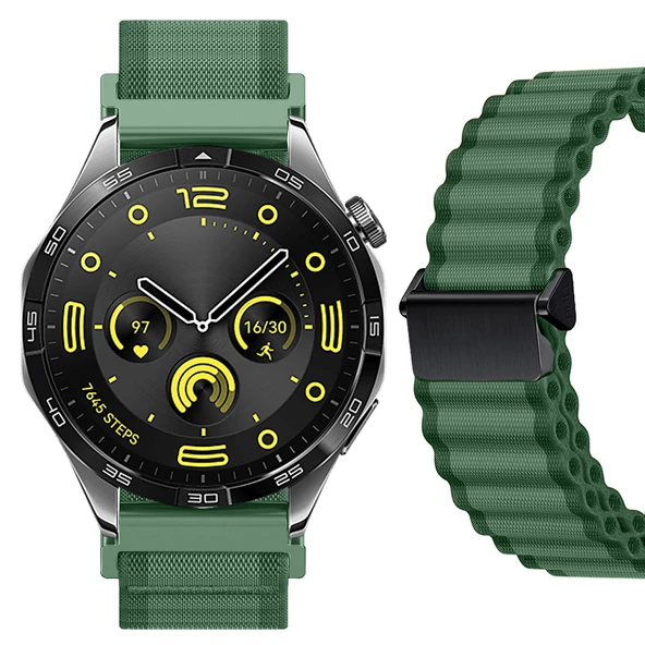 Sneezy Huawei Watch GT4 46mm İle Uyumlu AirFlow Dalgalı Naylon Spor Kordon Metal Tokalı  Haki ürün görseli 1