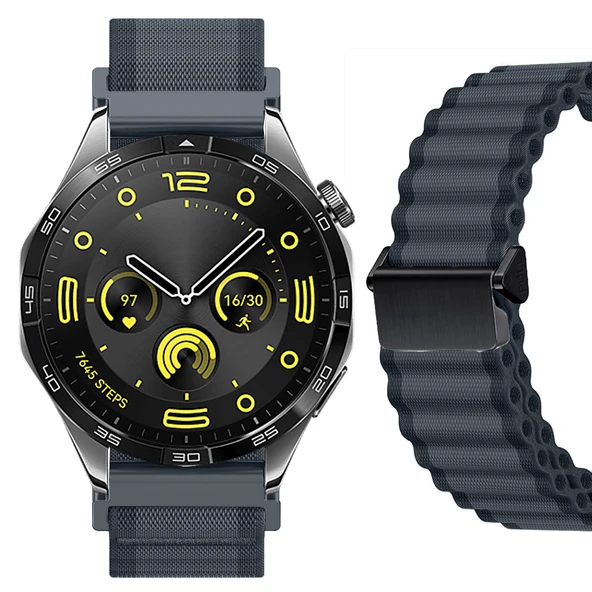 Sneezy Huawei Watch GT4 46mm İle Uyumlu AirFlow Dalgalı Naylon Spor Kordon Metal Tokalı  Füme ürün görseli 1