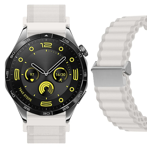 Sneezy Huawei Watch GT4 46mm İle Uyumlu AirFlow Dalgalı Naylon Spor Kordon Metal Tokalı  Bej ürün görseli 1