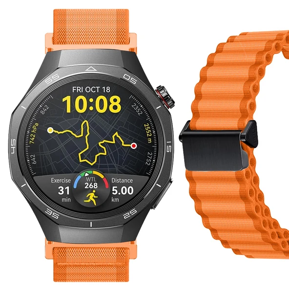 Sneezy Huawei Watch GT5 Pro 46mm İle Uyumlu AirFlow Dalgalı Naylon Spor Kordon Metal Tokalı  Turuncu ürün görseli 1