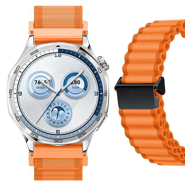 Sneezy Huawei Watch GT5 46mm İle Uyumlu AirFlow Dalgalı Naylon Spor Kordon Metal Tokalı  Turuncu ürün görseli 1