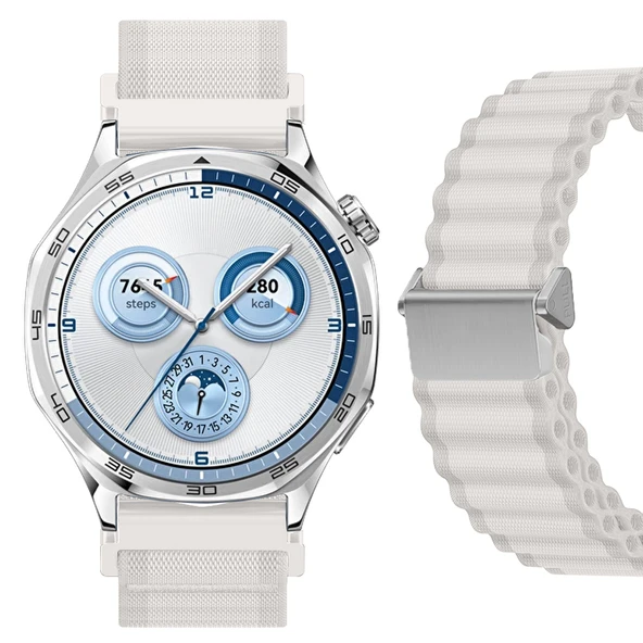 Sneezy Huawei Watch GT5 46mm İle Uyumlu AirFlow Dalgalı Naylon Spor Kordon Metal Tokalı  Bej ürün görseli 1