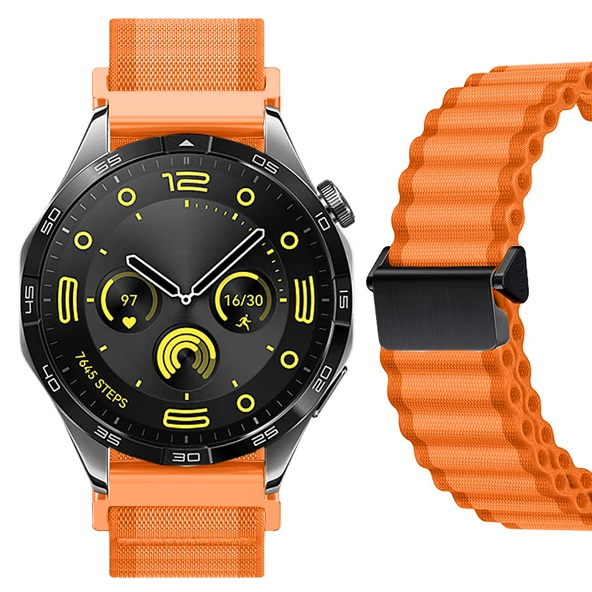 Sneezy Huawei Watch GT4 46mm İle Uyumlu AirFlow Dalgalı Naylon Spor Kordon Metal Tokalı  Turuncu ürün görseli 1