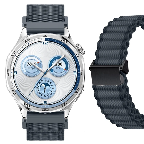 Sneezy Huawei Watch GT5 46mm İle Uyumlu AirFlow Dalgalı Naylon Spor Kordon Metal Tokalı  Füme ürün görseli 1