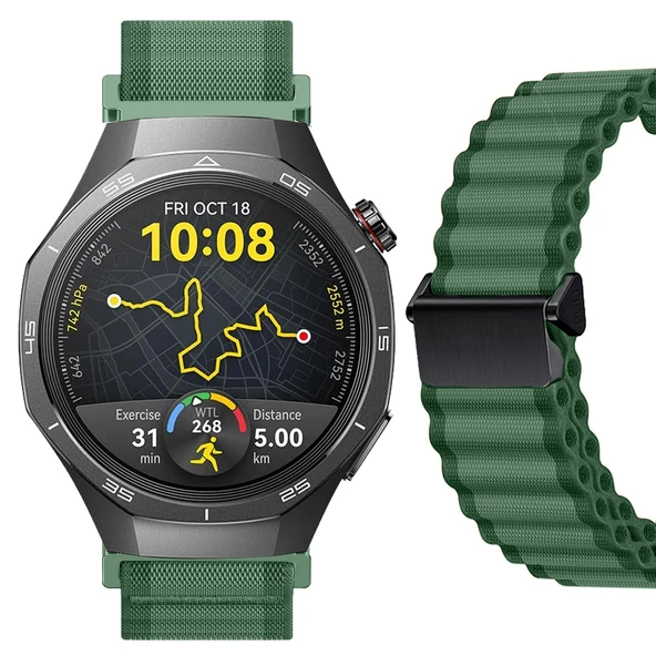 Sneezy Huawei Watch GT5 Pro 46mm İle Uyumlu AirFlow Dalgalı Naylon Spor Kordon Metal Tokalı  Haki ürün görseli 1