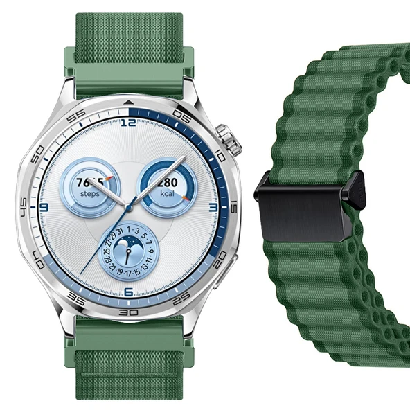 Sneezy Huawei Watch GT5 46mm İle Uyumlu AirFlow Dalgalı Naylon Spor Kordon Metal Tokalı  Haki ürün görseli 1