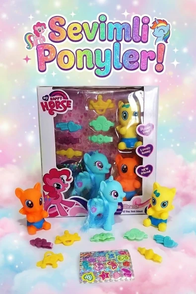 Sevimli Pony At Ailesi Ve Aksesuar Seti - Tokalı Stickerlı 3'lü Figür Oyuncak ürün görseli 1
