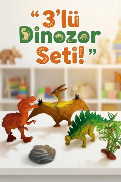 3'lü Dinozor Seti - Ağaç ve Kaya Aksesuarlı Gerçekçi Oyuncak Hayvan Figürleri - Eğitici Oyun Seti ürün görseli 1