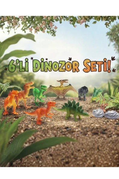 6'lı Gerçekçi Dinozor Figür Seti - Ağaç ve Kaya Aksesuarlı Eğitici Oyuncak Dinozor Dünyası ürün görseli 1