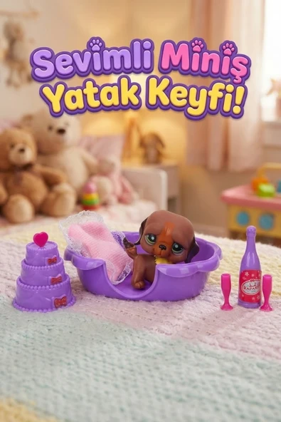 Sevimli Miniş Köpek Figürü ve Yatak Odası Oyun Seti - Aksesuarlı Evcilik Oyuncağı ürün görseli 1