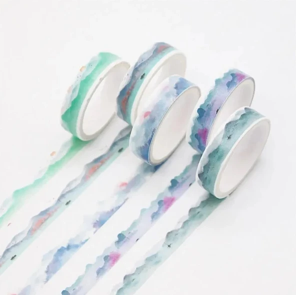 Vintage Washi Tape Bant Baskılı Yapışkanlı Maskeleme Kağıdı Sevimli Desenli bant 5 li - Suluboya Manzara ürün görseli 1