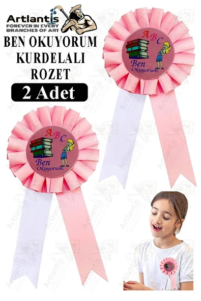 Ben Okuyorum Kurdelalı Rozet 2 Adet Pembe Beyaz Yaka Rozeti Çocuk Bayram Etkinlik 15 cm ürün görseli 1