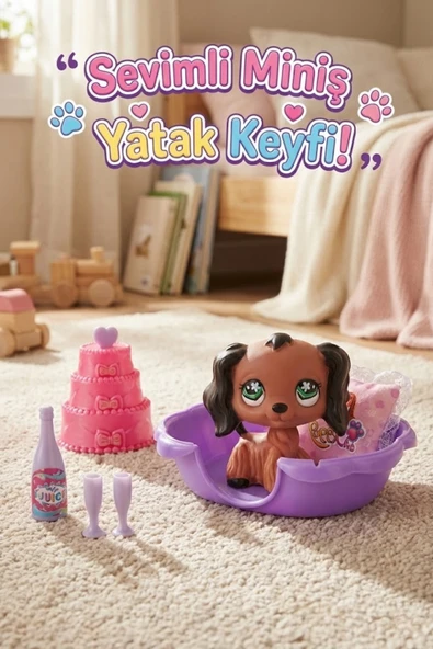 Sevimli Miniş Köpek Figürü ve Yatak Odası Oyun Seti - Pastalı Aksesuarlı Oyuncak ürün görseli 1
