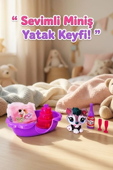 Sevimli Miniş Köpek Figürü ve Yatak Odası Oyun Seti - Pastalı Aksesuarlı Oyuncak ürün görseli 1