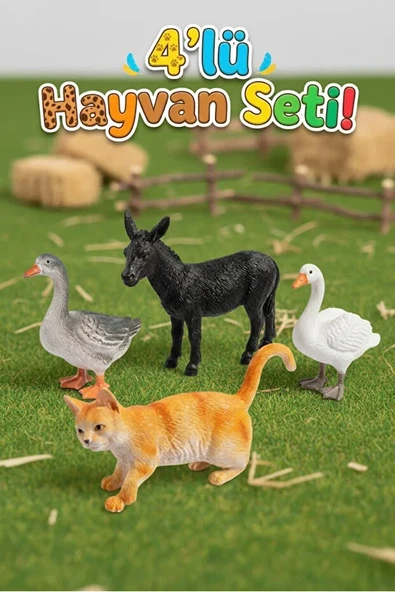 4'lü Çiftlik Hayvanları Figür Seti - Eğitici Oyuncak Hayvanlar (Eşek, Kedi, Kaz, Ördek) ürün görseli 1