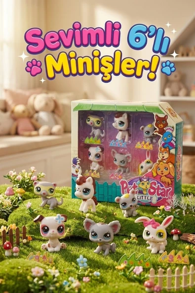 Little Pet Star Sevimli 6'lı Miniş Figür Seti - Kedi Köpek Tavşan Karışık Hayvanlar Oyuncak Paket ürün görseli 1