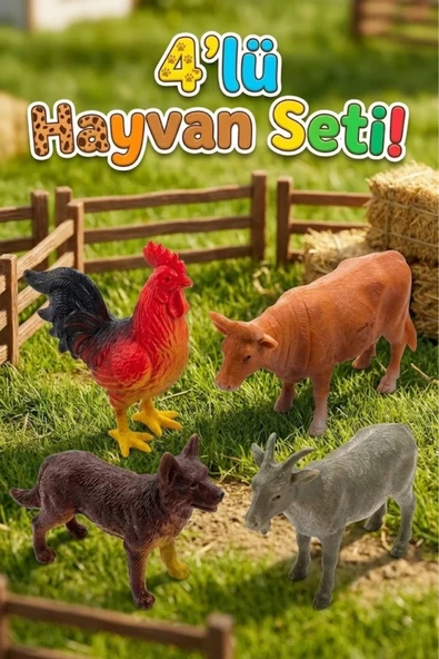 4'lü Eğitici Çiftlik Hayvanları Figür Seti - Gerçekçi Oyuncak Hayvanlar (İnek, Horoz, Köpek, Keçi) ürün görseli 1