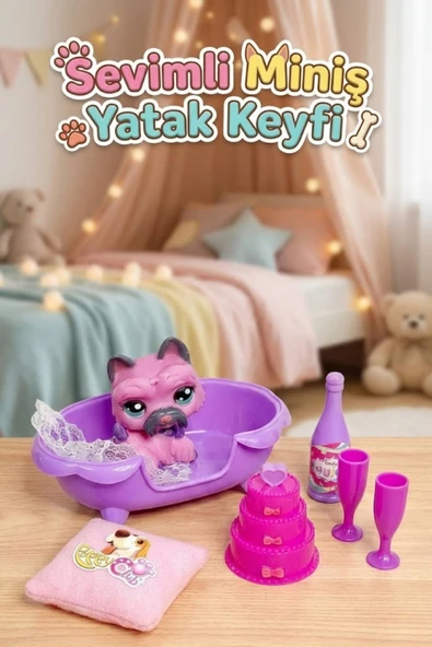 Sevimli Miniş Köpek Figürlü Yatak Odası Oyun Seti - Aksesuarlı Pasta ve Yataklı Oyuncak ürün görseli 1