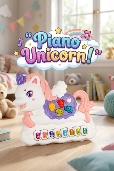 Eğitici Müzikli ve Işıklı Unicorn Piyano - Hayvan Sesli Bebek Oyuncağı - Gelişim Destekleyici Hediye ürün görseli 1