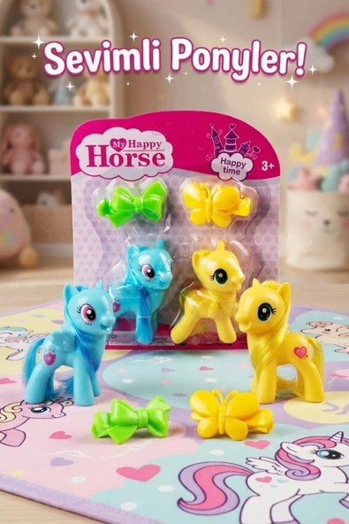2'li Sevimli Pony At Seti - Toka Aksesuarlı Renkli Figür Oyuncak ürün görseli 1
