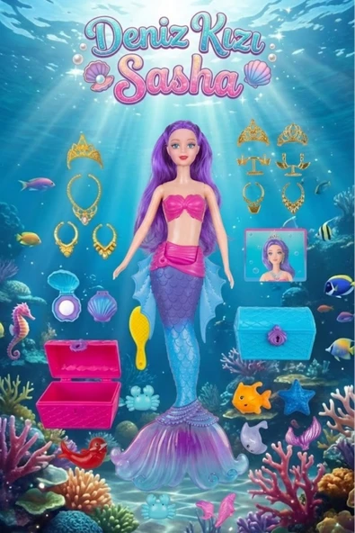 Sasha Deniz Kızı Oyuncak Bebek - Aksesuarlı, Taraklı, Hazine Sandıklı Büyük Set (40 cm) ürün görseli 1