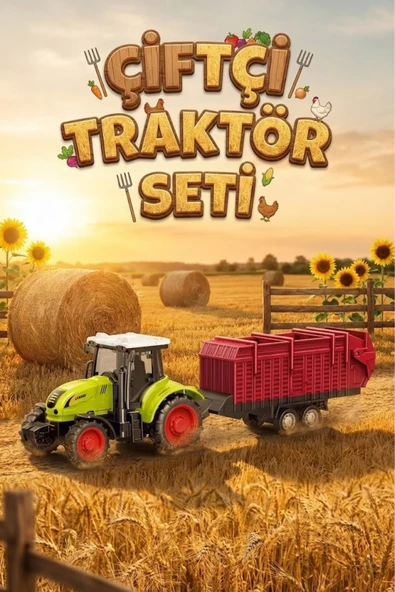 Römorklu Oyuncak Traktör - Hareketli Kasalı Çiftlik Seti - Yeşil Tarım Aracı (24 cm) ürün görseli 1