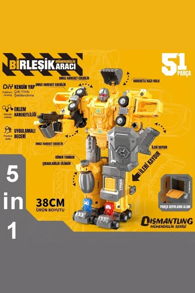 5 in 1 Dönüşen Robot İş Makineleri Seti - Sök Tak Parçalanabilir Eğitici Oyuncak (51 Parça) ürün görseli 1
