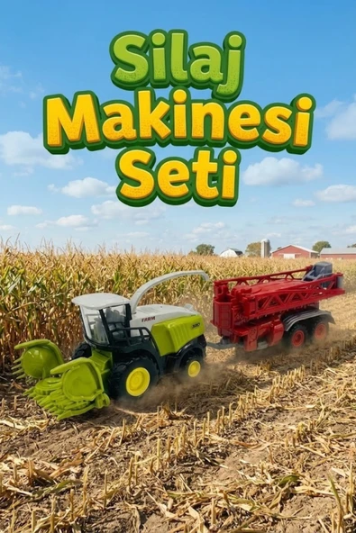 Diecast Metal Silaj Makinesi ve Römork Seti - Oyuncak Biçerdöver Çiftlik Aracı - Yeşil Traktör ürün görseli 1