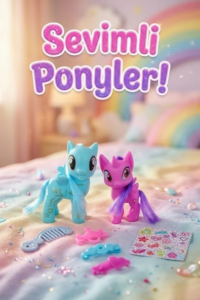 2'li Pony Oyuncak Seti - Unicorn & Pegasus Figürleri, Tarak, Toka ve Çıkartma Aksesuarlı ürün görseli 1