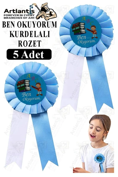 Ben Okuyorum Kurdelalı Rozet 5 Adet Mavi Beyaz Yaka Rozeti Çocuk Bayram Etkinlik 15 cm Kokart ürün görseli 1