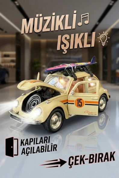Büyük Boy Metal Çek Bırak Vosvos Oyuncak Araba - Sesli Işıklı Kapıları Açılan Nostaljik Model ürün görseli 1
