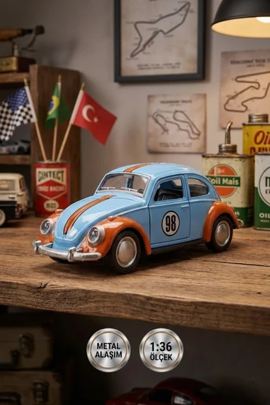 1:36 Ölçek Metal Klasik Vosvos Çek Bırak Araba Kapıları Açılan Oyuncak 1967 Volkswagen Beetle - Mavi ürün görseli 1