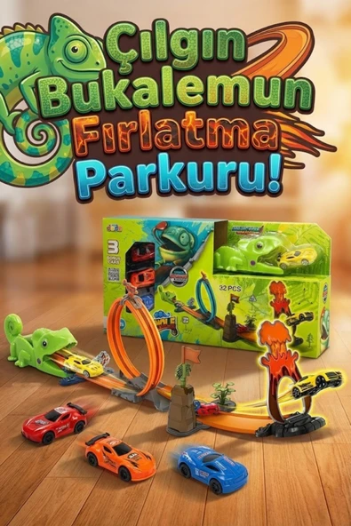 Çılgın Bukalemun Fırlatma Seti 32 Parça Yarış Pisti - 3 Adet Arabalı Fırlatıcı Oyuncak Araba Parkuru ürün görseli 1