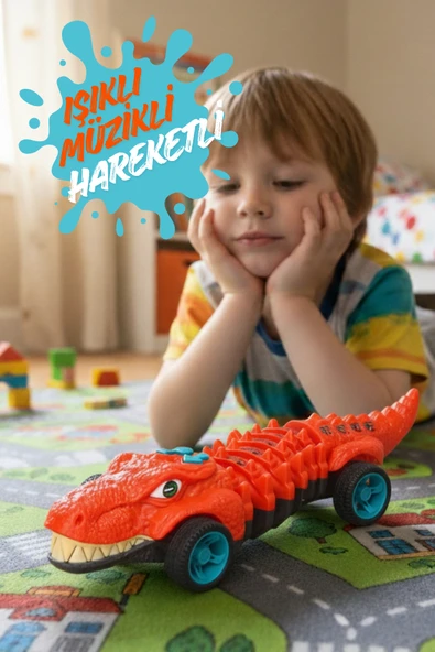 1 Adet Işıklı Müzikli Hareketli Dinozor Figürlü Yürüyen Araba 31 Cm ürün görseli 1