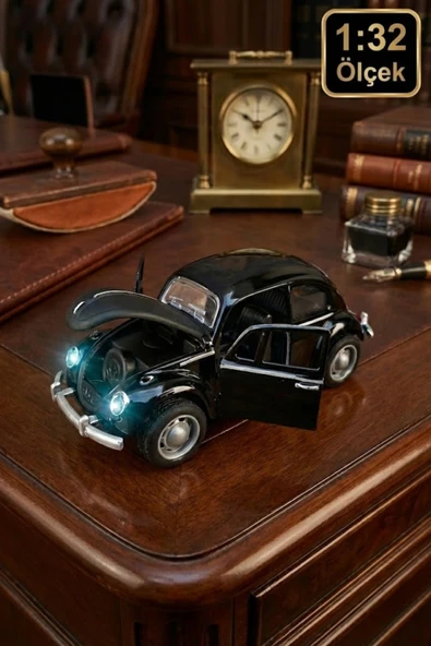 Çek Bırak Beetle Vosvos Araba 1:32 Ölçek Sesli Işıklı Kapıları Açılan Model - Siyah ürün görseli 1