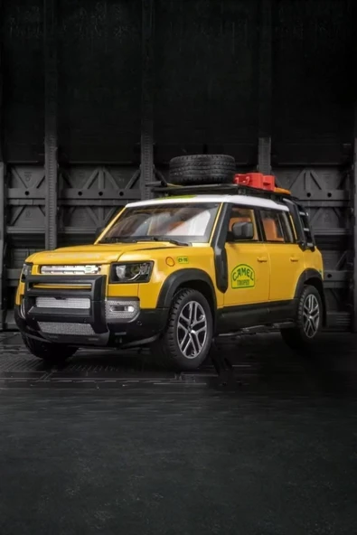 Metal Sarı Işıklı Sesli 1:22 Ölçek Detaylı Açılır Kapı Land Rover Defender Camel Trophy Model Araba ürün görseli 1