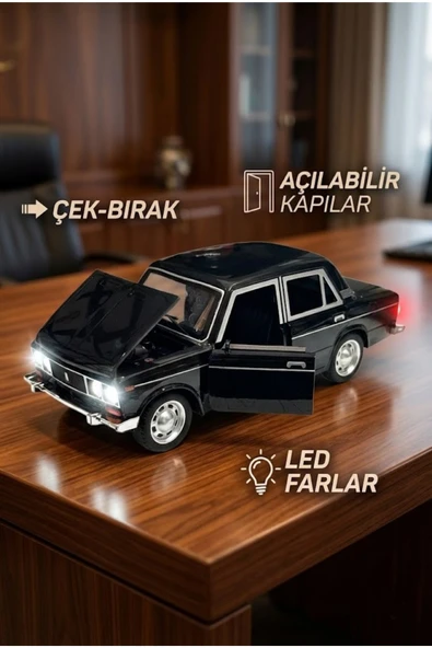 Lada Vaz 2107 Model Araba 1:24 Ölçek (18cm) Sesli Işıklı Çek Bırak Siyah ürün görseli 1