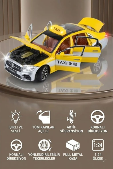 Mercedes E-Serisi Taksi 1:24 Ölçek Diecast Metal Model Araba - Işıklı, Sesli ve Süspansiyonlu ürün görseli 1