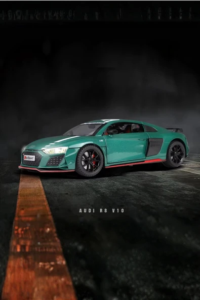 Yeşil Işıklı Sesli 1:24 Ölçek İnce Detay Açılır Kapı Audi R8 V10 Premium Model Araba ürün görseli 1