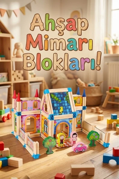 128 Parça Ahşap Yapı Blokları - Eğitici Maket Ev İnşaat Seti - Montessori Zeka Geliştirici Oyuncak ürün görseli 1