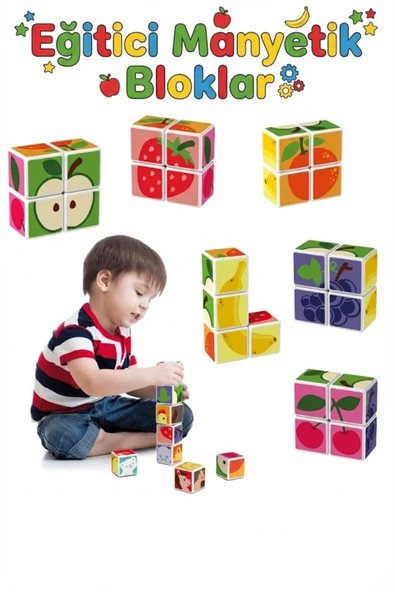 Eğitici Manyetik Küpler - Mıknatıslı Zeka Blokları - 4 Parça Meyve Temalı 3 Boyutlu Puzzle ürün görseli 1