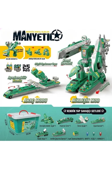 Manyetik Dönüşen Robot Blok Seti - 25 Parça Saklama Kutulu Eğitici Askeri Araçlar Oyuncak ürün görseli 1