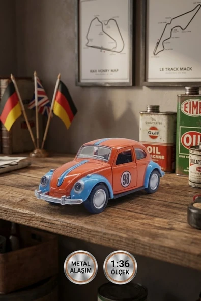 1:36 Metal Klasik Vosvos Çek Bırak Araba Kapıları Açılan Oyuncak 1967 Volkswagen Beetle - Turuncu ürün görseli 1