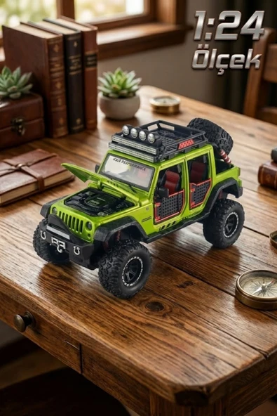 1:24 Ölçek Metal Off-Road Jeep Yeşil - Sesli Işıklı Çek Bırak Kapıları Açılan Oyuncak Arazi Aracı ürün görseli 1
