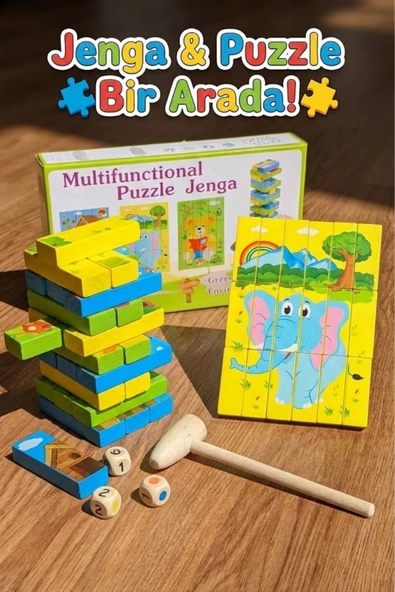 Eğitici Ahşap Resimli Jenga ve Puzzle Seti - Çekiçli Denge Kulesi Zeka Oyunu (Montessori) ürün görseli 1